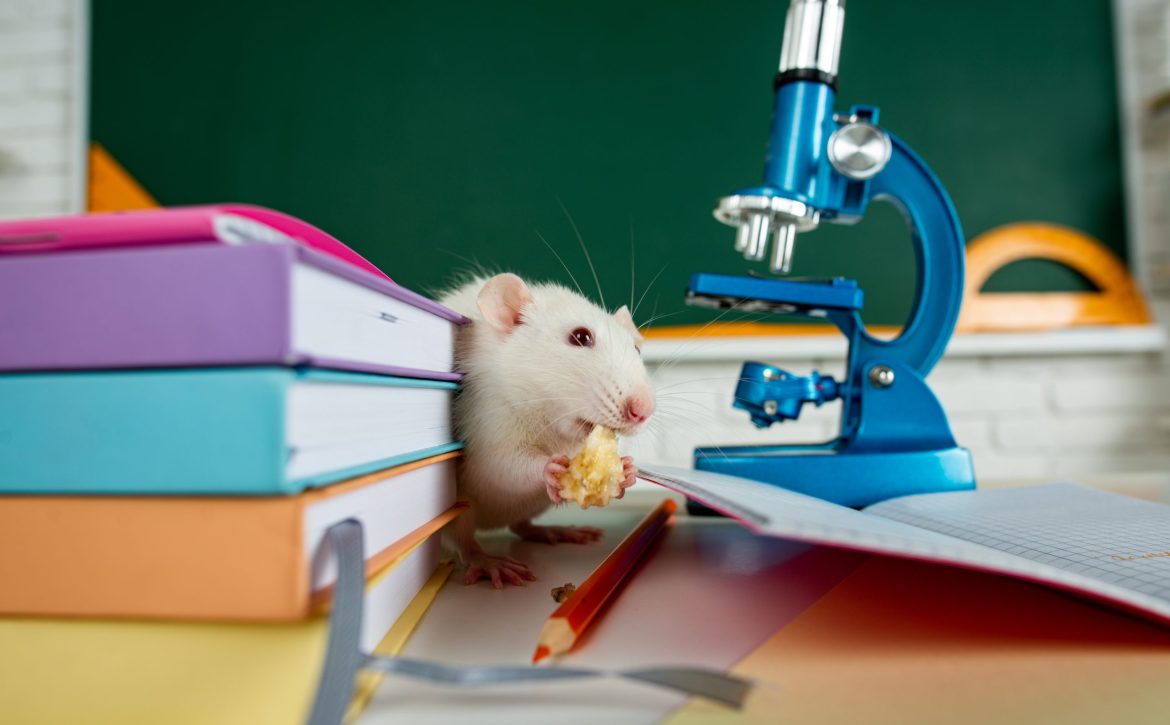 Funny rat student. Design for book, learning, education and science. Concept for university college or school.